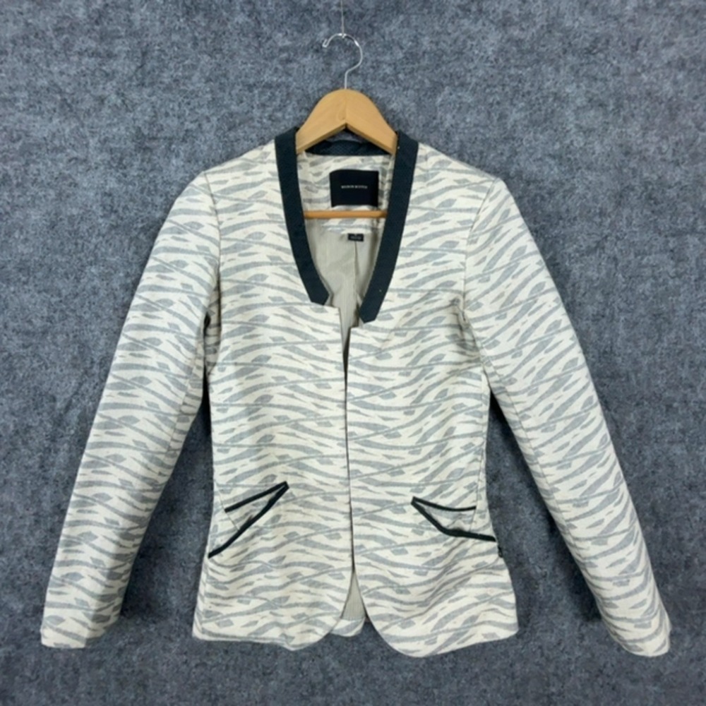 Maison Scotch Blazer Jacket Womens 1 Beige Gray Stripes Open Front Zipper Cuffs